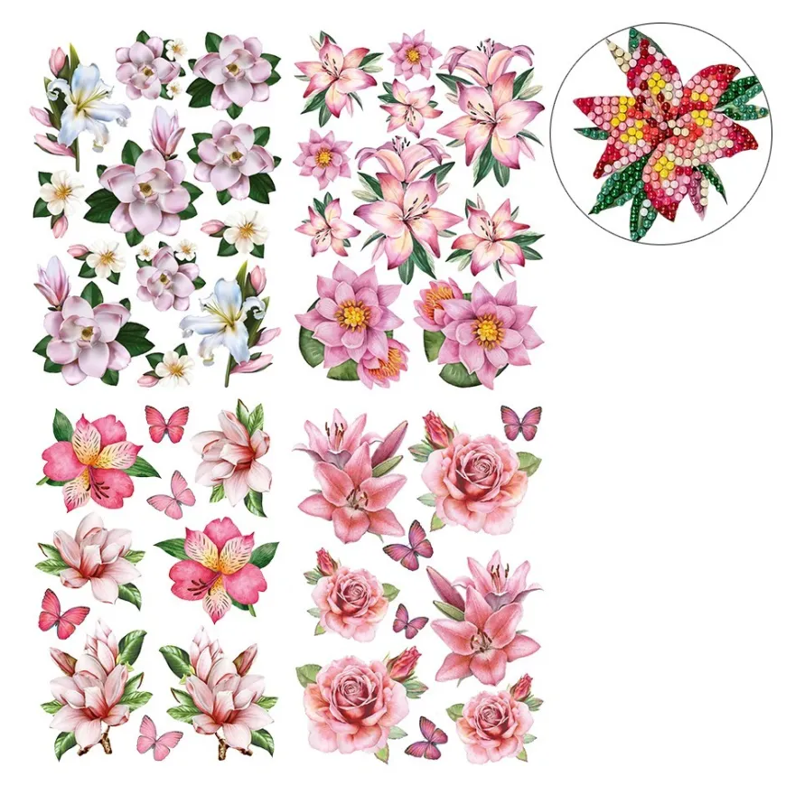 Diamond-Painting-Sticker, Elegante Blüten, DIN A4, 4 Bogen