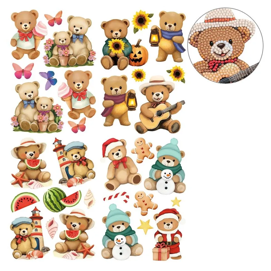 Diamond-Painting-Sticker, Teddys rund ums Jahr, DIN A4, 4 Bogen