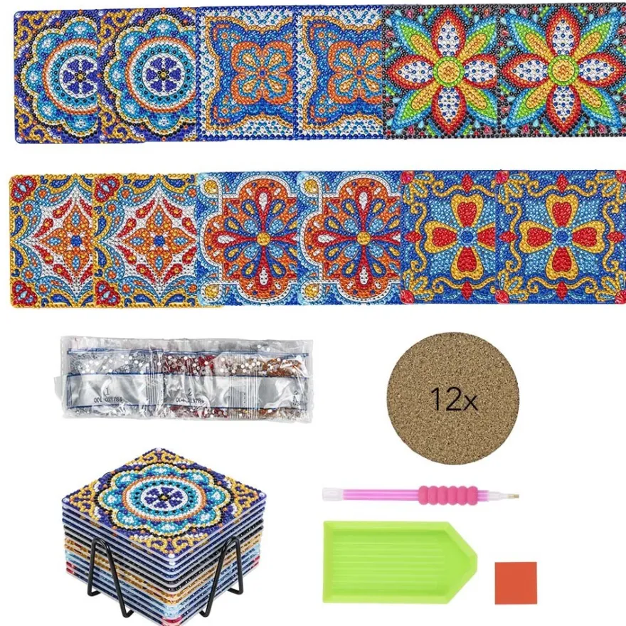 Diamond-Painting-Untersetzer, Mandala 1, inkl. Werkzeug & Zubehör, 12 Stück