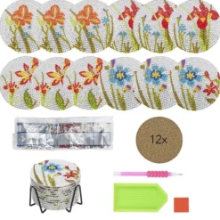 Diamond-Painting-Untersetzer, Blumen, inkl. Werkzeug & Zubehör, 12 Stück