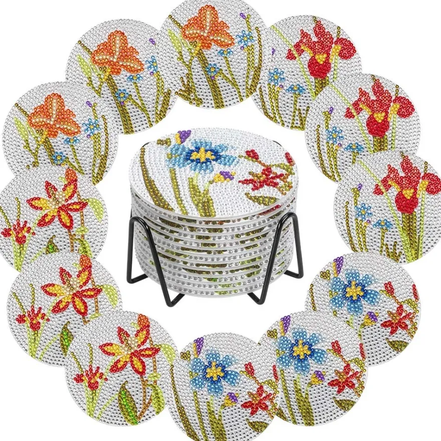 Diamond-Painting-Untersetzer, Blumen, inkl. Werkzeug & Zubehör, 12 Stück