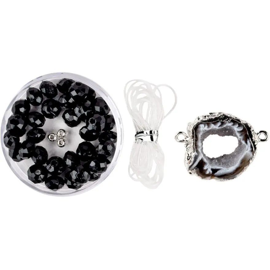 DIY-Schmuckarmband, Achat, schwarz mit Silberumrandung, 39-teilig