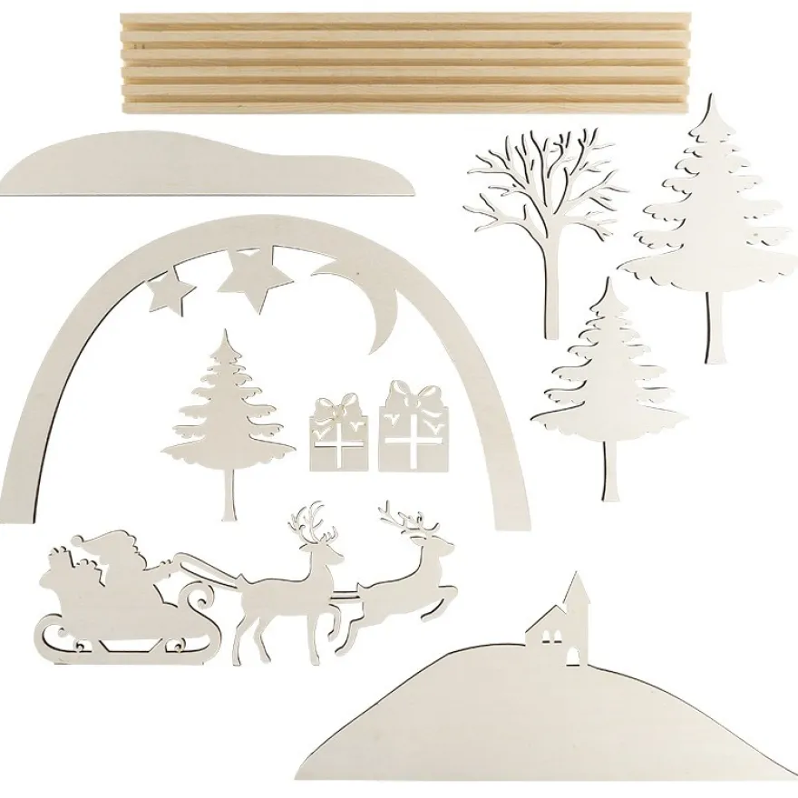 3-D Landschaft zum Stecken, Weihnachtsmann, Podest & versch. Holzelemente, 11-teilig