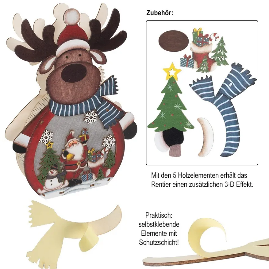 3-D LED-Aufsteller, Rentier, aus Holz, 3 LEDs in Warmweiß, mit Timer