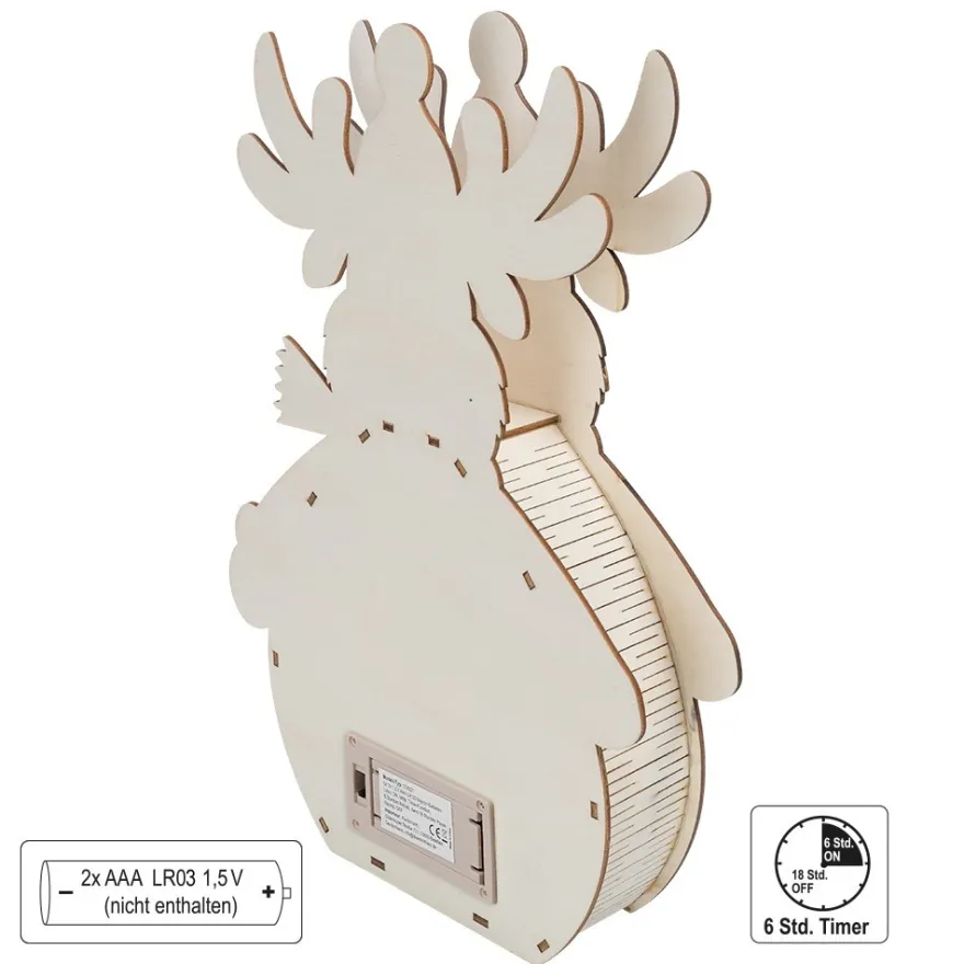 3-D LED-Aufsteller, Rentier, aus Holz, 3 LEDs in Warmweiß, mit Timer