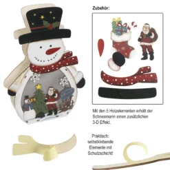 3-D LED-Aufsteller, Schneemann, aus Holz, 3 LEDs in Warmweiß, mit Timer