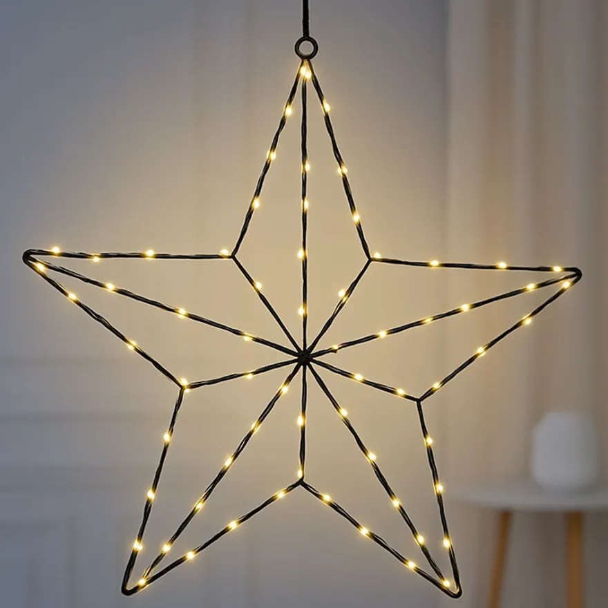 3-D LED-Metallstern zum Aufhängen, 34,8cm x 5,2cm x 35cm, 100 LEDs in Warmweiß, mit Timer