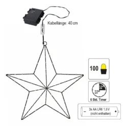 3-D LED-Metallstern zum Aufhängen, 34,8cm x 5,2cm x 35cm, 100 LEDs in Warmweiß, mit Timer