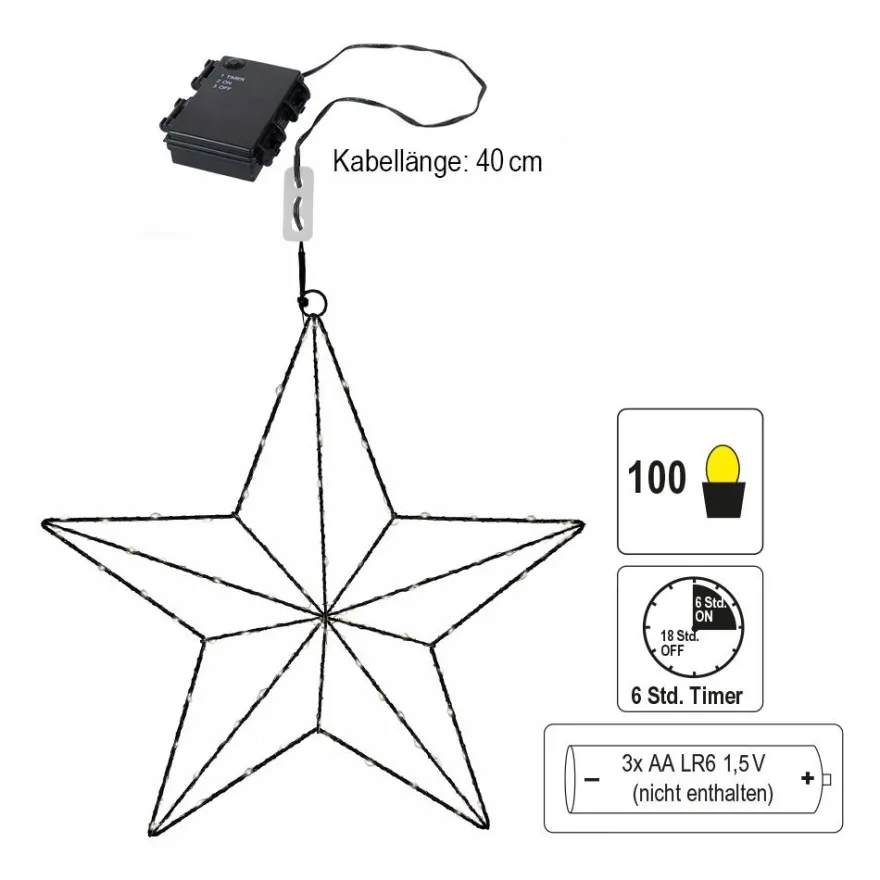 3-D LED-Metallstern zum Aufhängen, 34,8cm x 5,2cm x 35cm, 100 LEDs in Warmweiß, mit Timer
