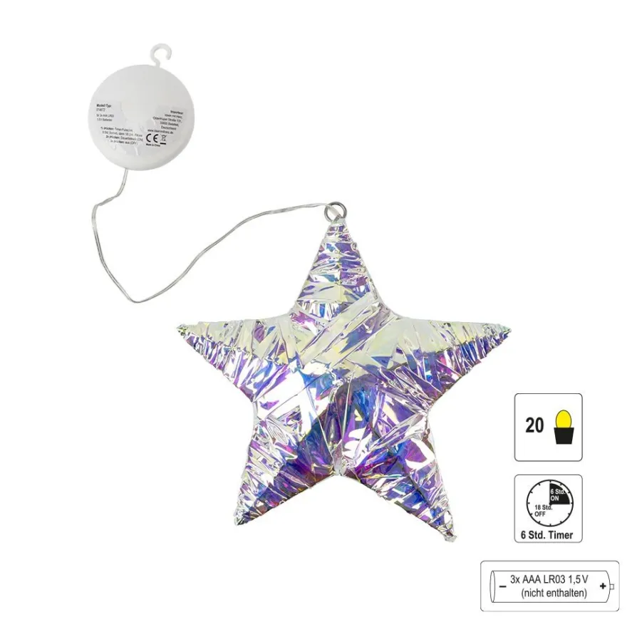 3-D LED-Stern mit irisierender Folie, 21,5cm x 20cm x 4cm, 20 LEDs, Warmweiß, mit Timer