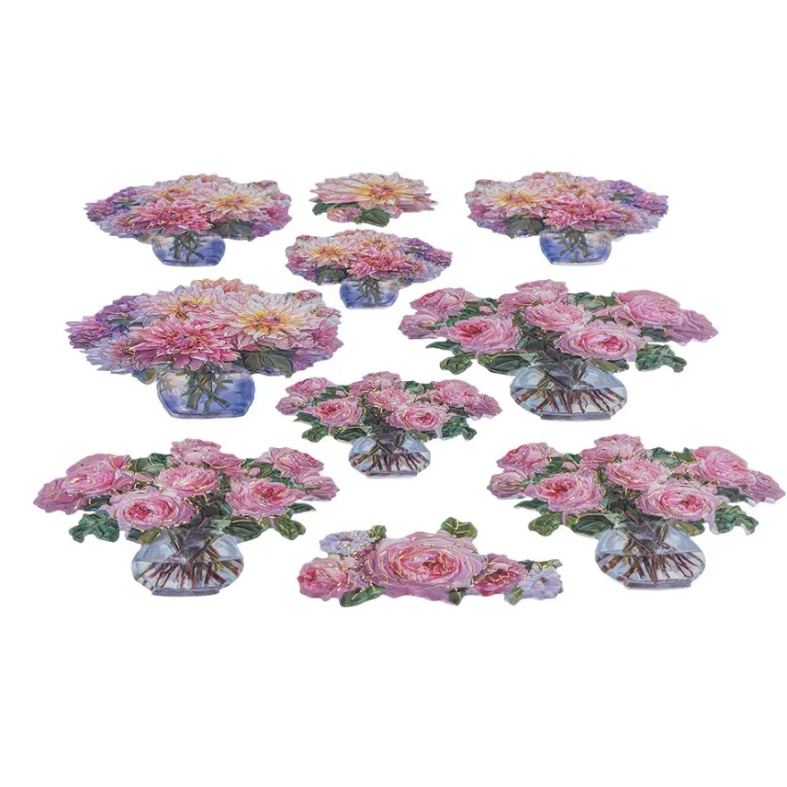 3-D Relief-Sticker, Blumen in Glasvasen 2, Folienveredelung Hellgold, versch. Größen, selbstklebend