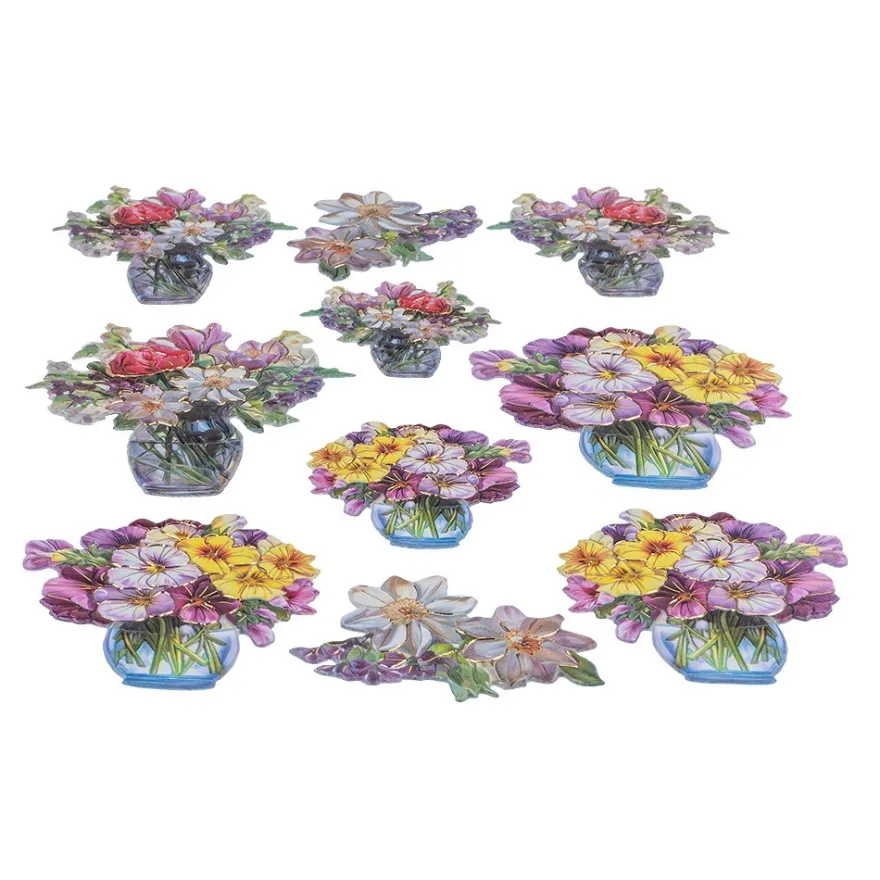 3-D Relief-Sticker, Blumen in Glasvasen 5, Folienveredelung Hellgold, versch. Größen, selbstklebend