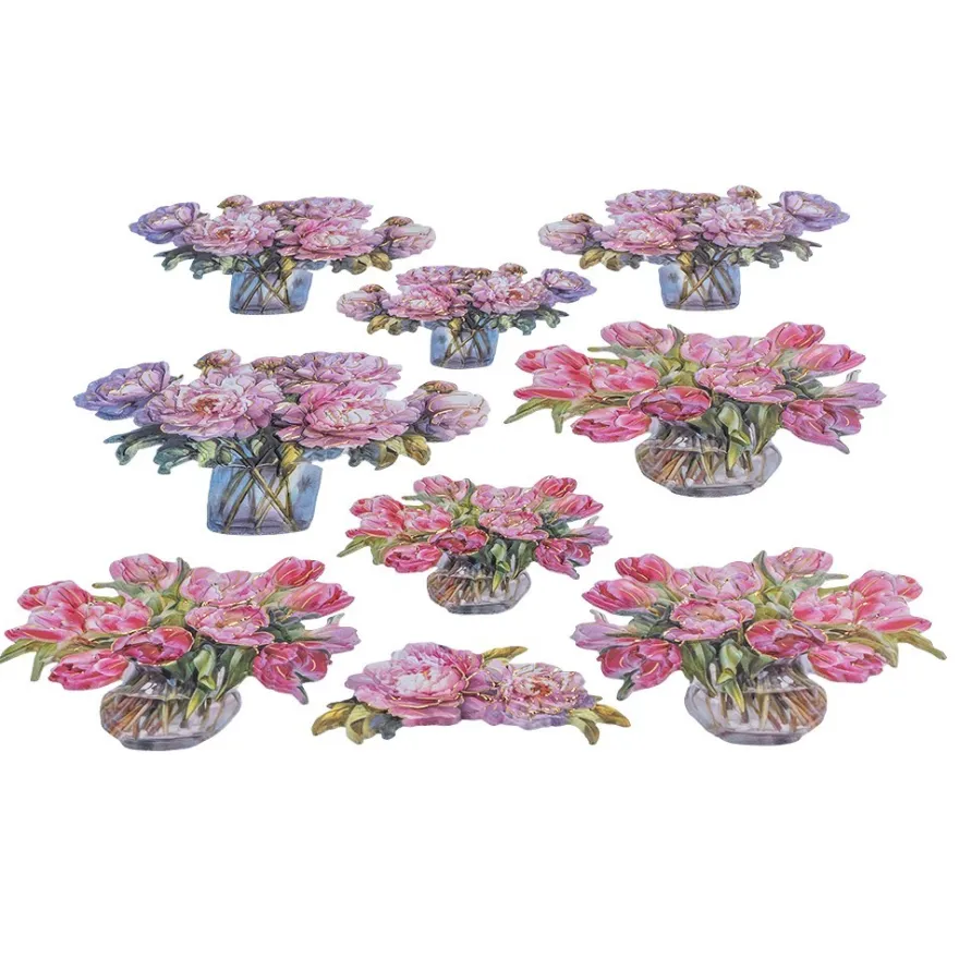 3-D Relief-Sticker, Blumen in Glasvasen 1, Folienveredelung Hellgold, versch. Größen, selbstklebend