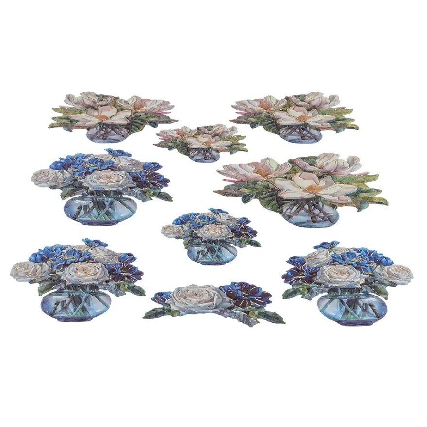 3-D Relief-Sticker, Blumen in Glasvasen 3, Folienveredelung Hellgold, versch. Größen, selbstklebend