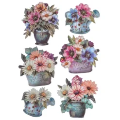 3-D Relief-Sticker, Blumen in Kannen 3, Folienveredelung Hellgold, versch. Größen, selbstklebend