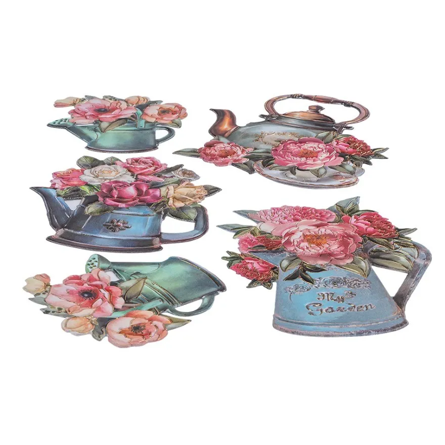 3-D Relief-Sticker, Blumen in Kannen 1, Folienveredelung Hellgold, versch. Größen, selbstklebend