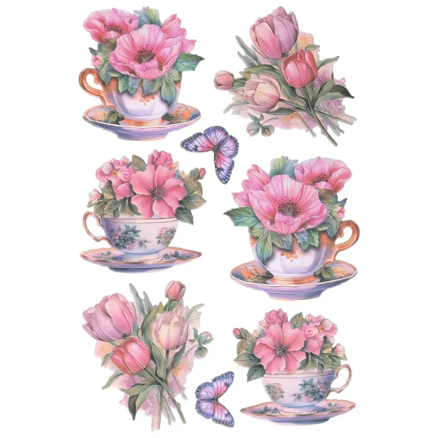 3-D Relief-Sticker, Blumen in Tasse 6, Glitzerveredelung irisierend, versch. Größen, selbstklebend