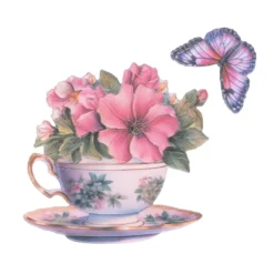 3-D Relief-Sticker, Blumen in Tasse 6, Glitzerveredelung irisierend, versch. Größen, selbstklebend
