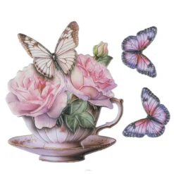 3-D Relief-Sticker, Blumen in Tasse 3, Glitzerveredelung irisierend, versch. Größen, selbstklebend