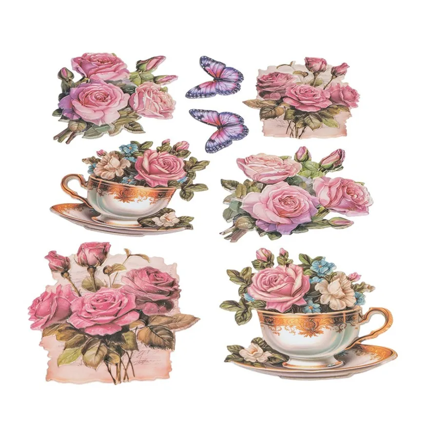 3-D Relief-Sticker, Blumen in Tasse 4, Glitzerveredelung irisierend, versch. Größen, selbstklebend