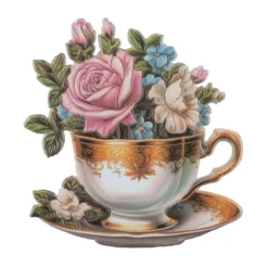 3-D Relief-Sticker, Blumen in Tasse 4, Glitzerveredelung irisierend, versch. Größen, selbstklebend