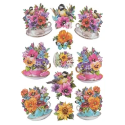 3-D Relief-Sticker, Blumen in Tassen 2, verschiedene Größen, selbstklebend