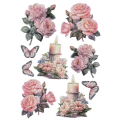 3-D Relief-Sticker, Kerzen mit Blumen 1, Folienveredelung Hellgold, versch. Größen, selbstklebend
