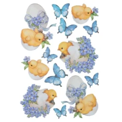 3-D Relief-Sticker, Küken mit Ei & blauen Blumen, versch. Größen, selbstklebend