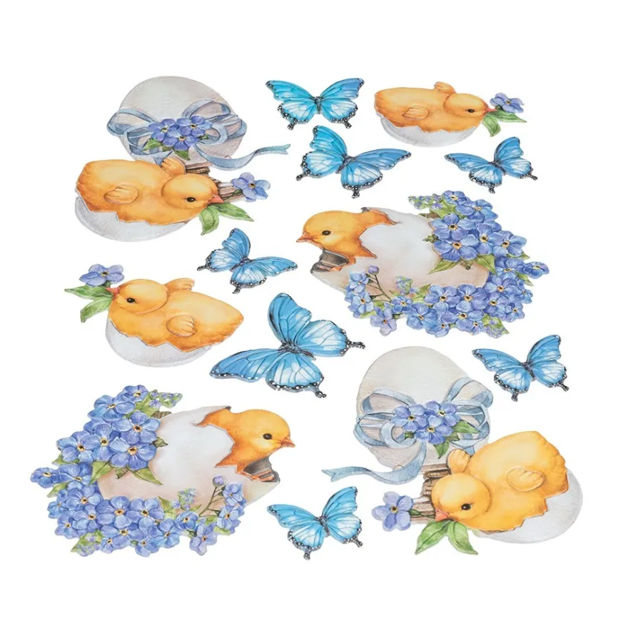 3-D Relief-Sticker, Küken mit Ei & blauen Blumen, versch. Größen, selbstklebend