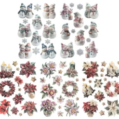 3-D Relief-Sticker, Porzellan-Optik, Weihnachtsfloristik & Schneemänner, versch. Größen, 5 Bogen