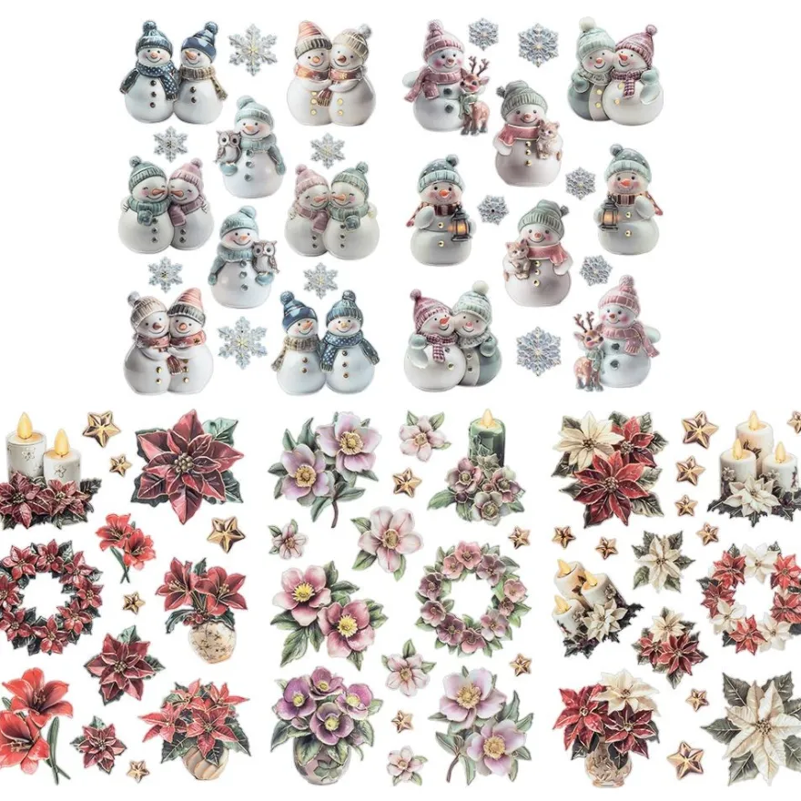 3-D Relief-Sticker, Porzellan-Optik, Weihnachtsfloristik & Schneemänner, versch. Größen, 5 Bogen