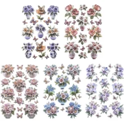 3-D Relief-Sticker, Porzellan-Optik, Blumen in Vasen, versch. Größen, 5 Bogen