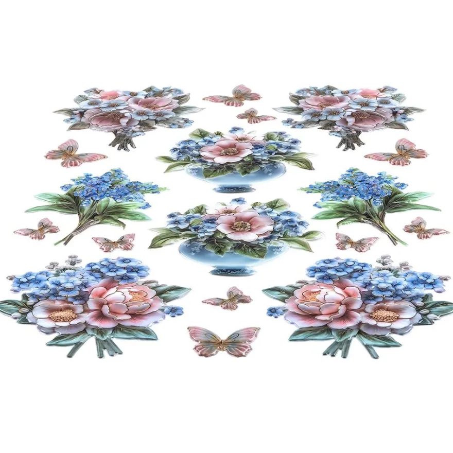 3-D Relief-Sticker, Porzellan-Optik, Blumen in Vasen, versch. Größen, 5 Bogen