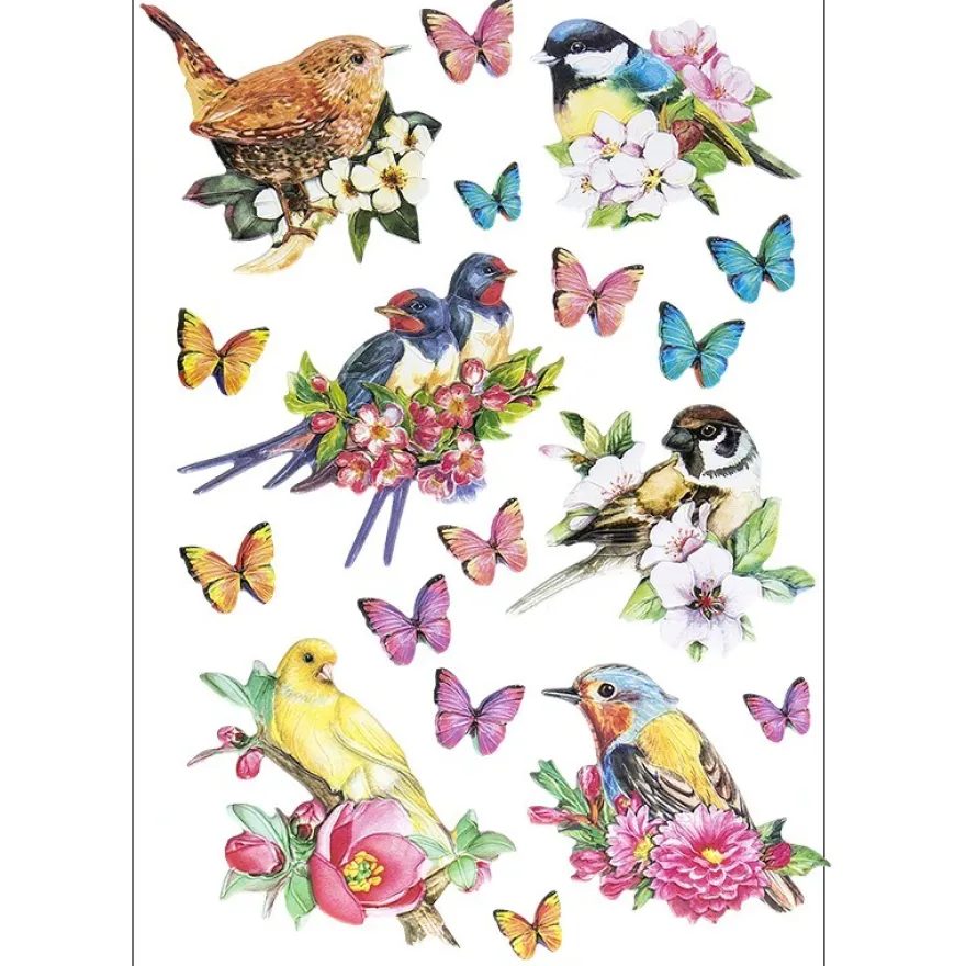 3-D Relief-Sticker, Vögel auf Zweigen, verschiedene Größen, selbstklebend
