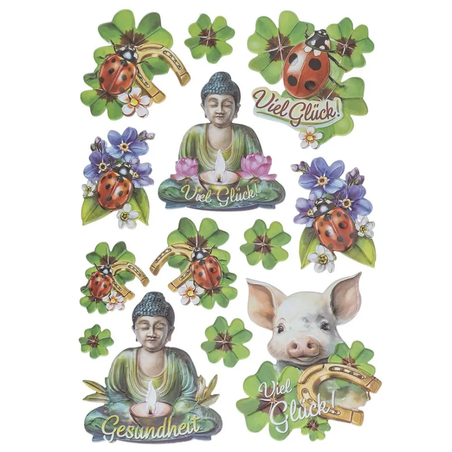 3-D Relief-Sticker, Viel Glück & Wünsche 4, versch. Größen, selbstklebend