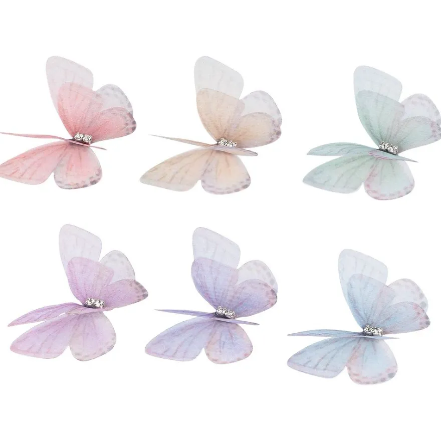 3-D Schmetterlinge aus zartem Gewebe, 4,9cm x 3,3cm, 6 Farben, klare Strass-Steine, 50 Stück