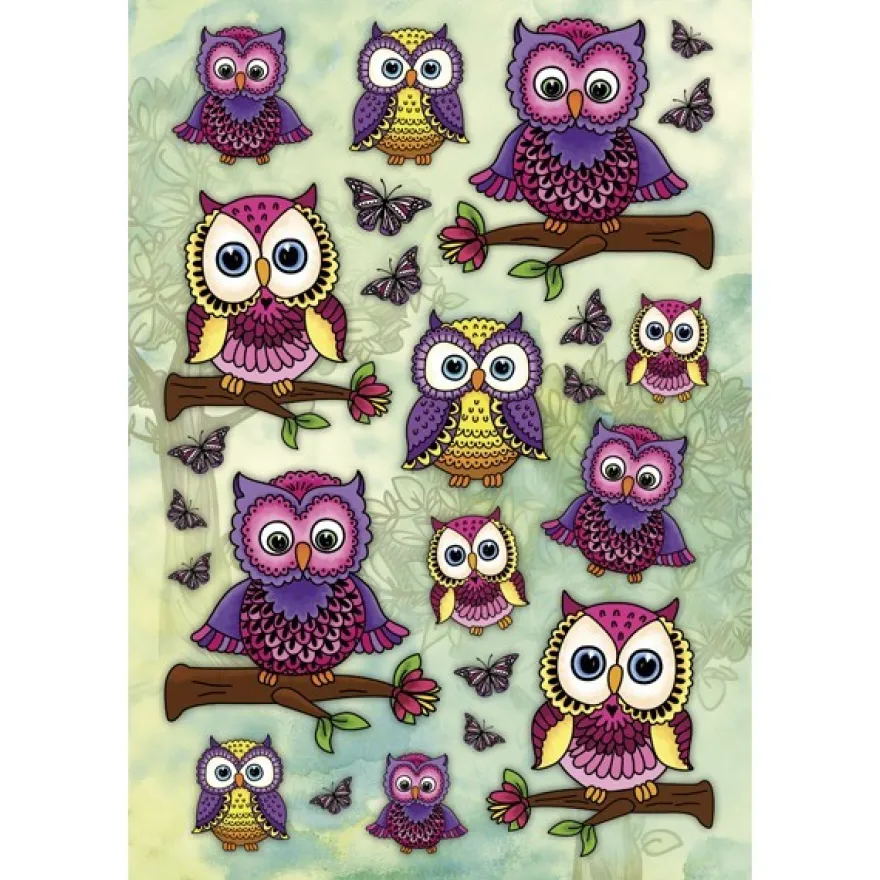 3-D Stickerbogen, Eulen auf Ästen 1, 12,5 x 18,5 cm