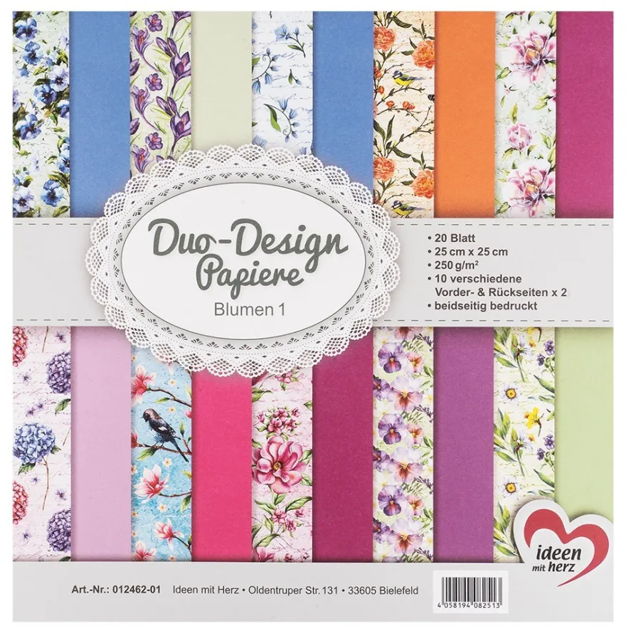Duo-Design-Papiere, Blumen 1, beidseitig bedruckt, 25cm x 25cm, 250g/m², 20 Blatt