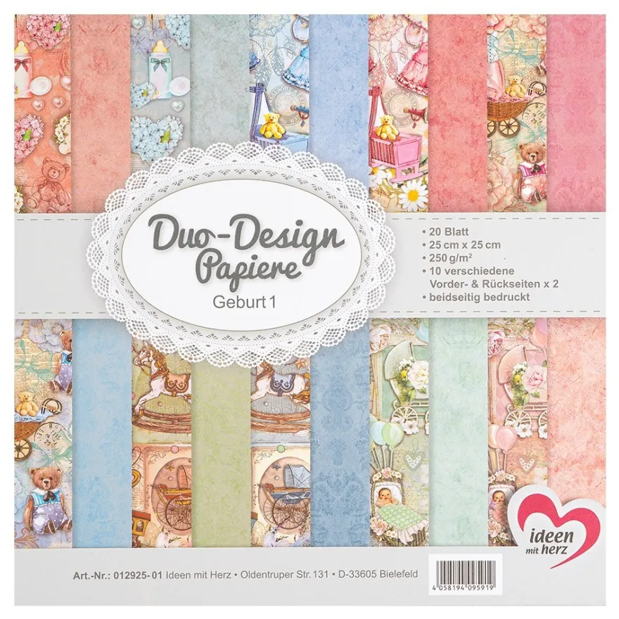 Duo-Design-Papiere, Geburt 1, beidseitig bedruckt, 25cm x 25cm, 250g/m², 20 Blatt