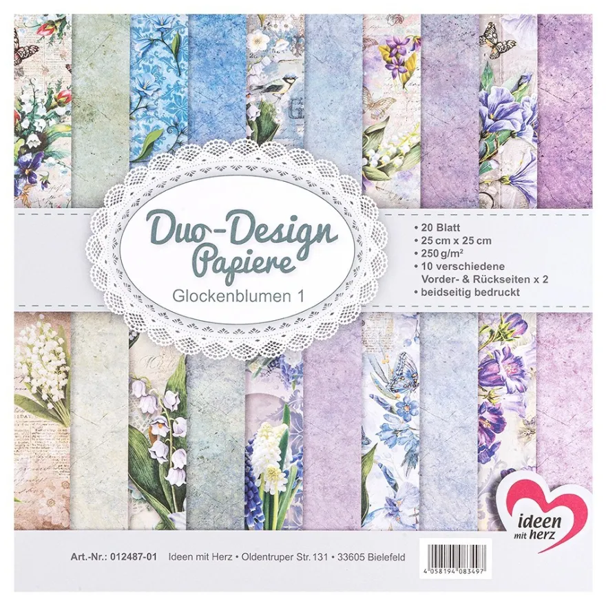 Duo-Design-Papiere, Glockenblumen 1, beidseitig bedruckt, 25cm x 25cm, 250g/m², 20 Blatt