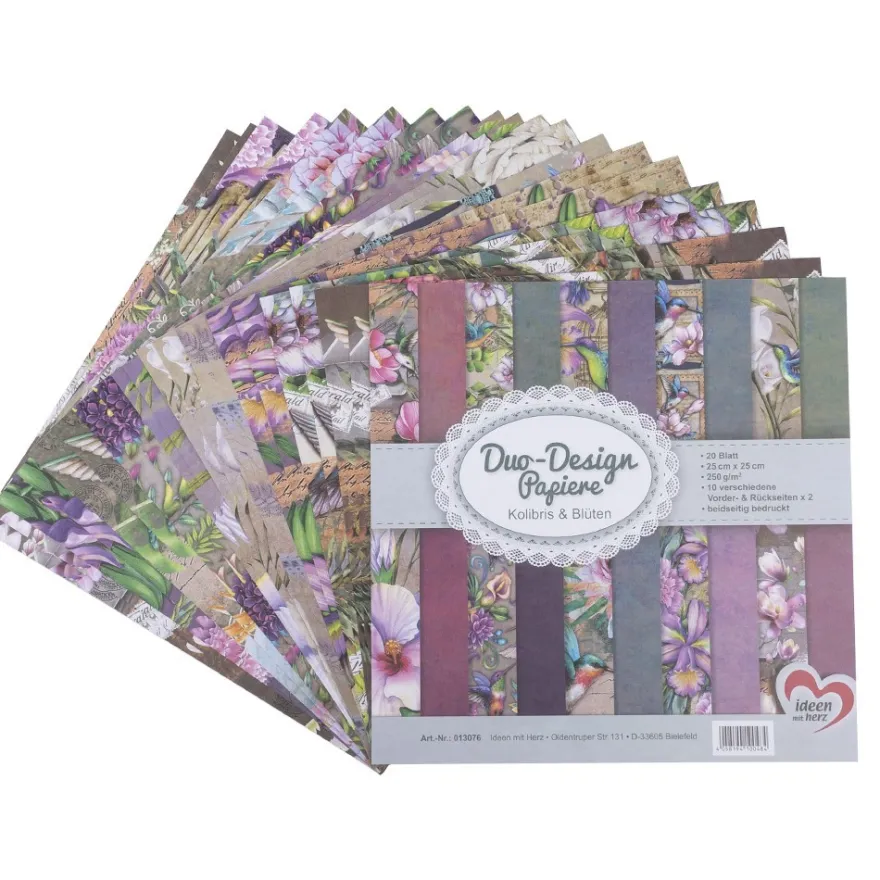 Duo-Design-Papiere, Kolibris & Blüten, beidseitig bedruckt, 25cm x 25cm, 250g/m², 20 Blatt