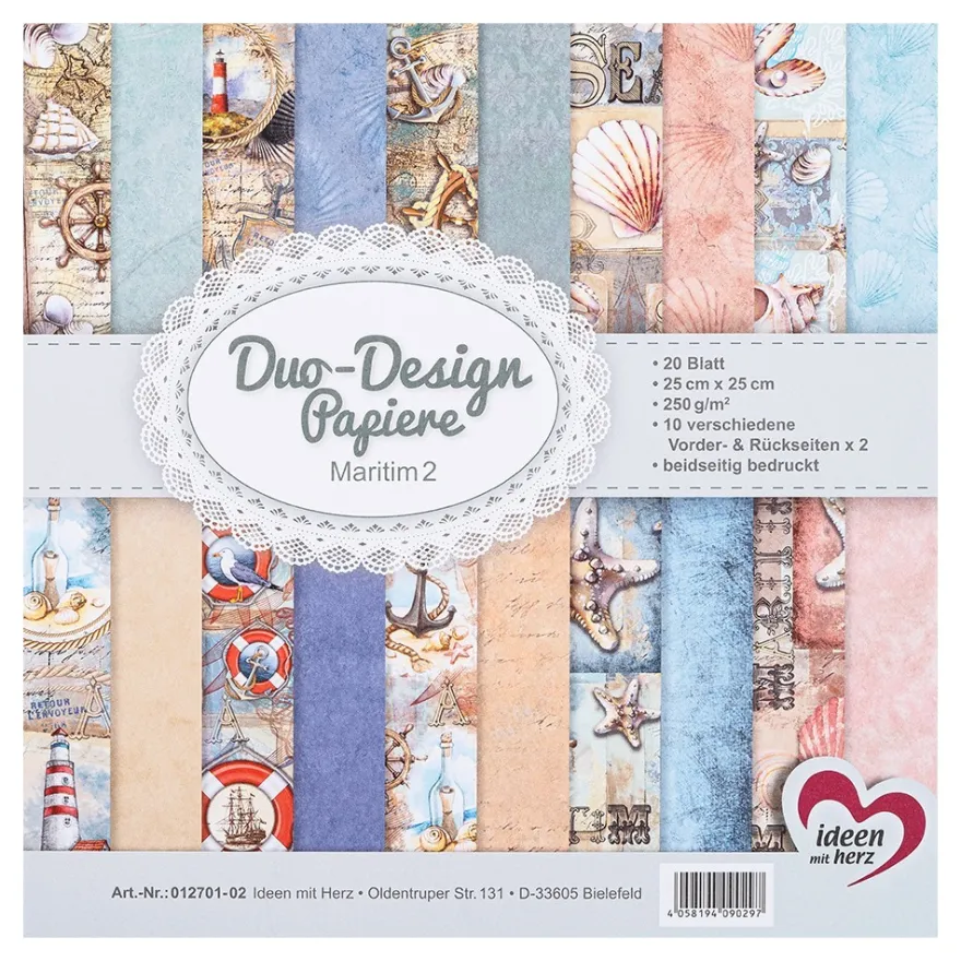 Duo-Design-Papiere, Maritim 2, beidseitig bedruckt, 25cm x 25cm, 250g/m², 20 Blatt