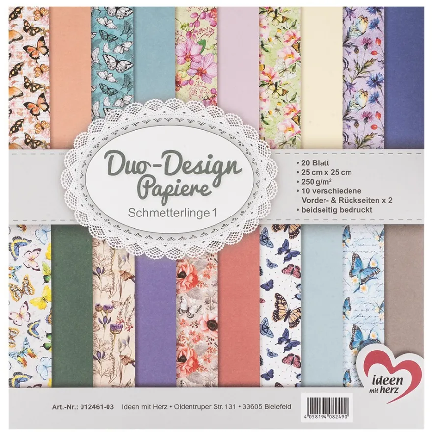 Duo-Design-Papiere, Schmetterlinge 1, beidseitig bedruckt, 25cm x 25cm, 250g/m², 20 Blatt