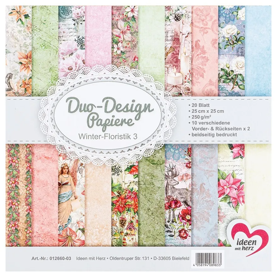 Duo-Design-Papiere, Winter-Floristik 3, beidseitig bedruckt, 25cm x 25cm, 250g/m², 20 Blatt