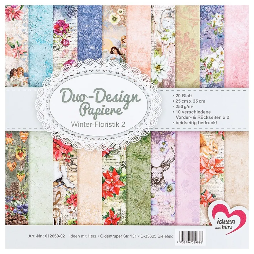 Duo-Design-Papiere, Winter-Floristik 2, beidseitig bedruckt, 25cm x 25cm, 250g/m², 20 Blatt