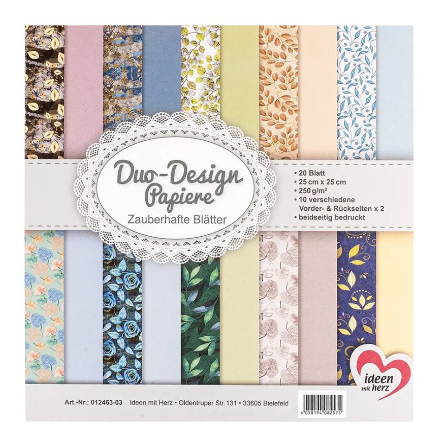Duo-Design-Papiere, Zauberhafte Blätter, beidseitig bedruckt, 25cm x 25cm, 250g/m², 20 Blatt