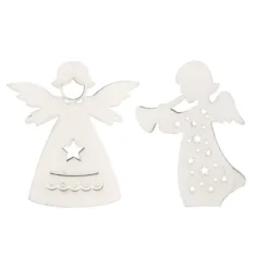 Engel aus Holz, weiß, 2 Designs, 6,2cm x 7cm x 0,5cm & 5,7cm x 7,5cm x 0,5cm, 12 Stück