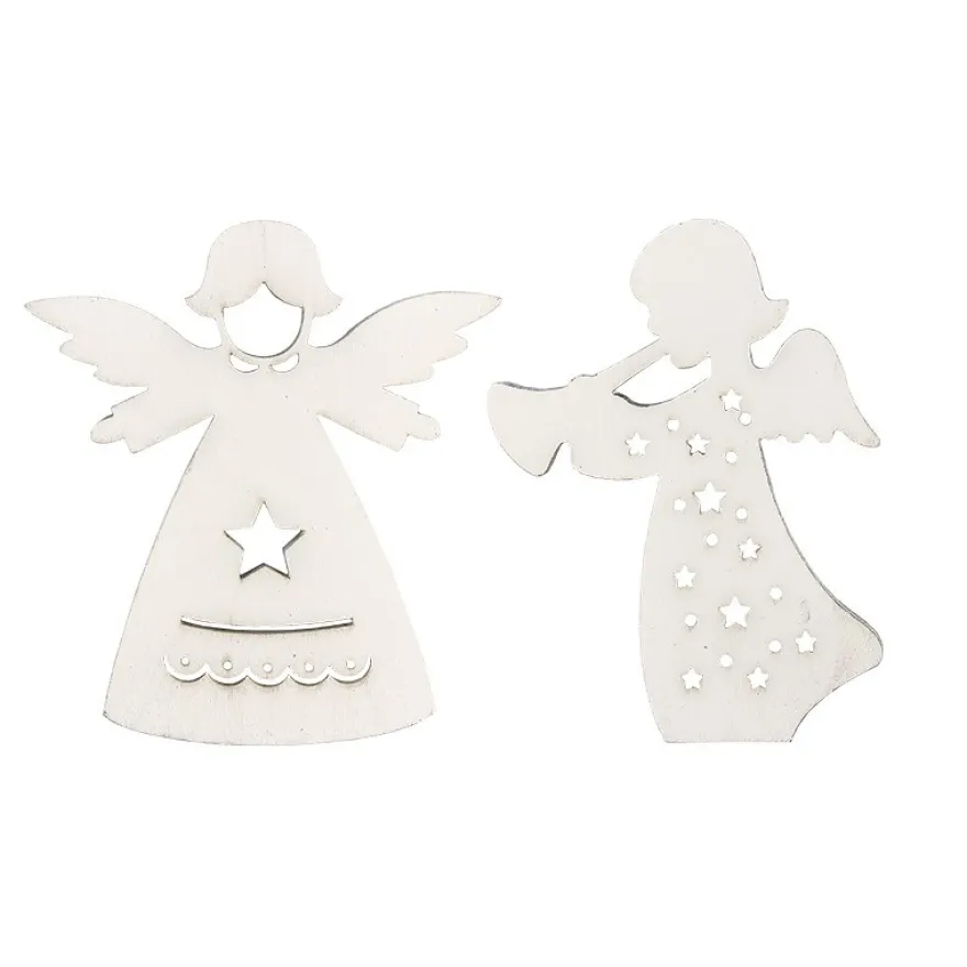 Engel aus Holz, weiß, 2 Designs, 6,2cm x 7cm x 0,5cm & 5,7cm x 7,5cm x 0,5cm, 12 Stück