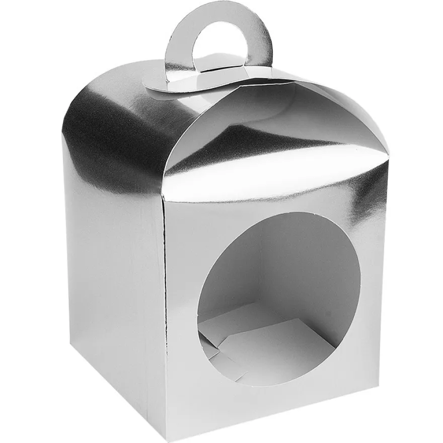 Faltboxen mit Kreis-Ausstanzung, geklebt, 11,5cm x 11,5cm x 11,5cm, Spiegelkarton, silber, 10 Stück