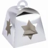 Faltboxen mit Stern-Ausstanzungen, geklebt, 17cm x 17cm x 13,5cm, Spiegelkarton, silber, 5 Stück
